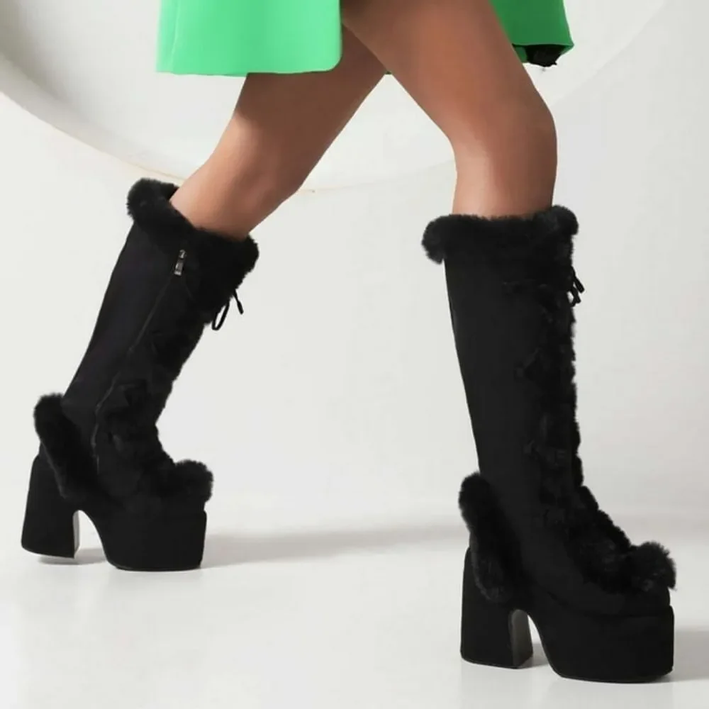 (T-4370) Platform Snow Boots for Women Furry Cozy Knee High Boots Sz 35 (4.5)